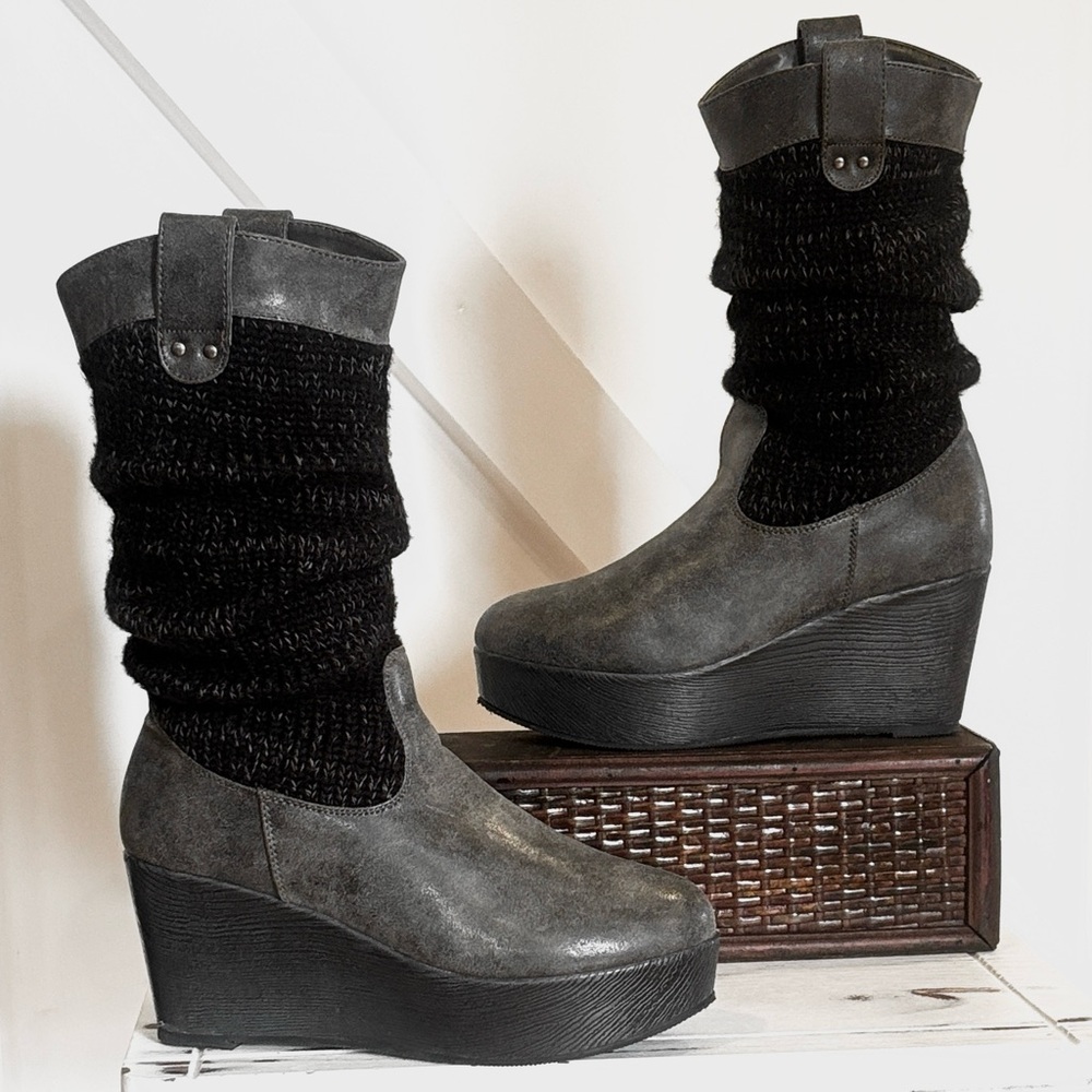 Muk Luks Quinn Platform Wedge Knit Sweater Slouch & Fur Lined Pull On Mid Boots